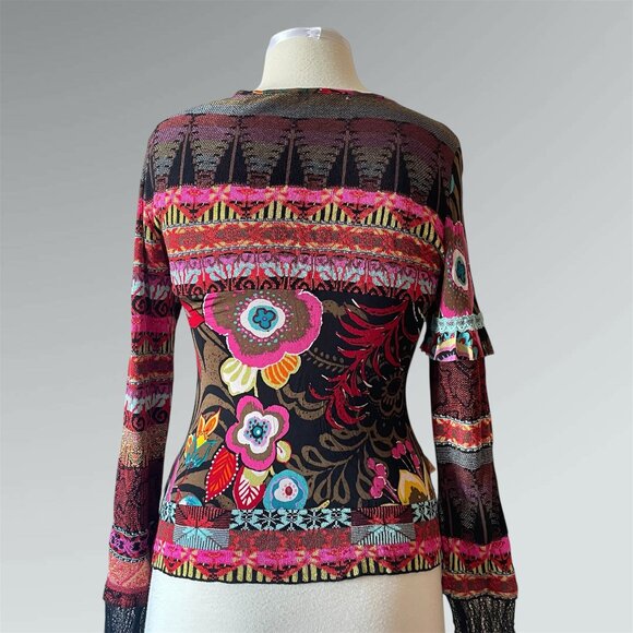 CHACOK French 90s Y2K Mixed Floral Print Mesh & Ruffle Knit Top - Picture 5 of 9